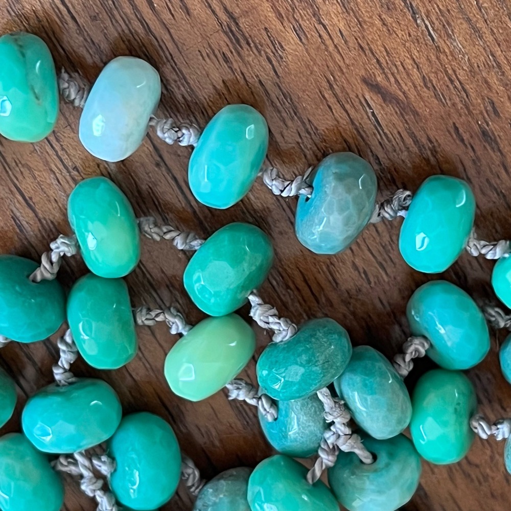 Long 46" Hand Knotted Gemstone Rondelle Necklace Carved Mother of Pearl Pendant - Picture 8 of 8